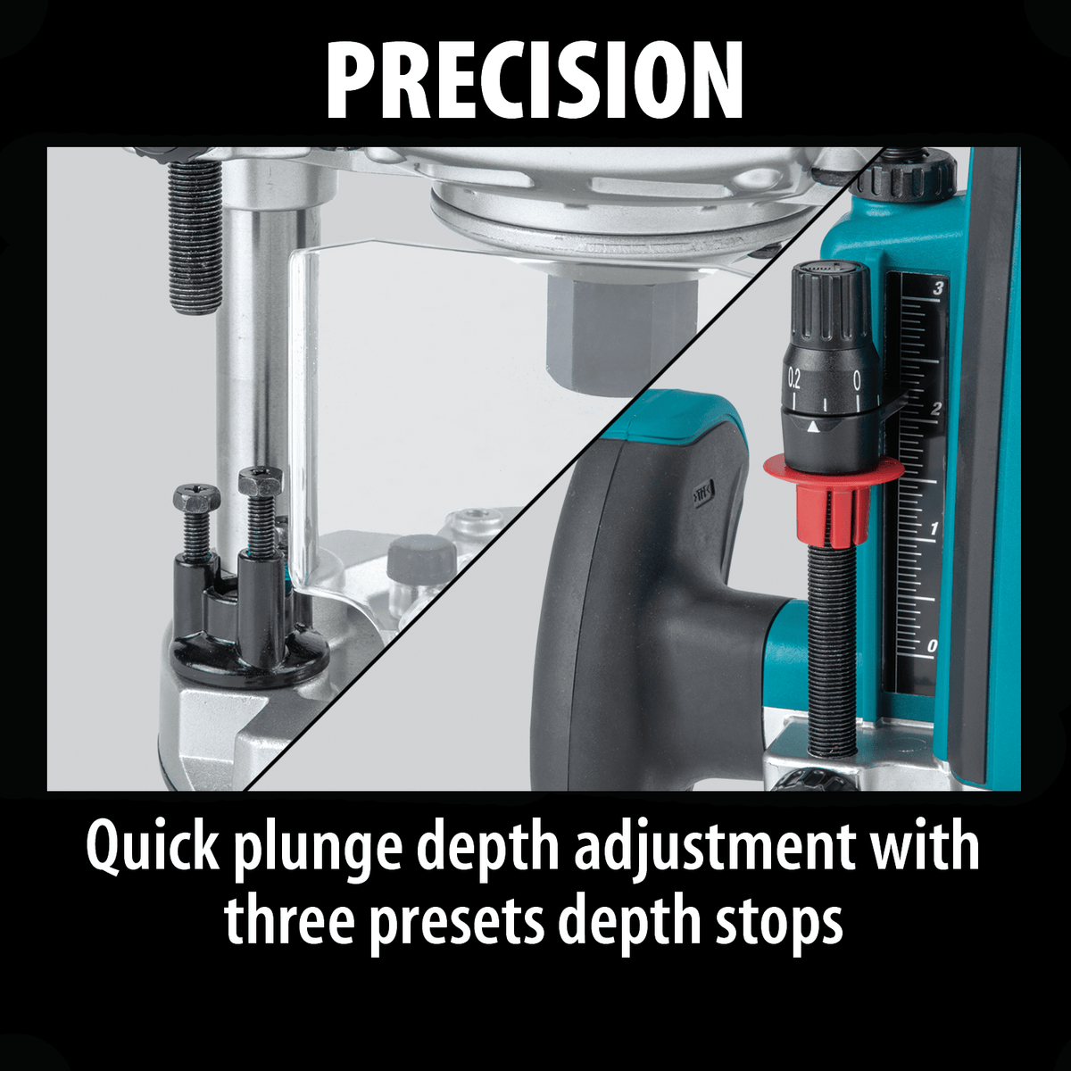 Close-up of the micro-depth adjustment dial and 3-preset depth turret on the Makita RP2301FC precision plunge router.