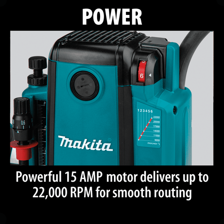 Makita RP2301FC speed chart and 6-position dial regulating the 15 Amp motor from 9,000 to 22,000 RPM for clean routing.