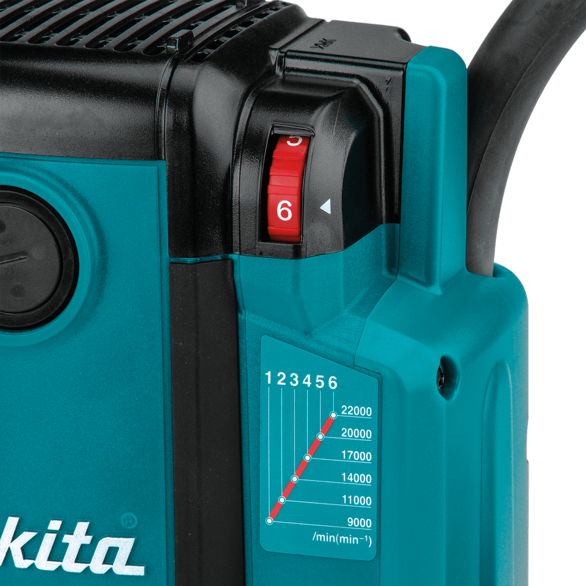 Detailed view of the 6-speed variable control thumb dial on the Makita RP2301FC router for material speed matching.