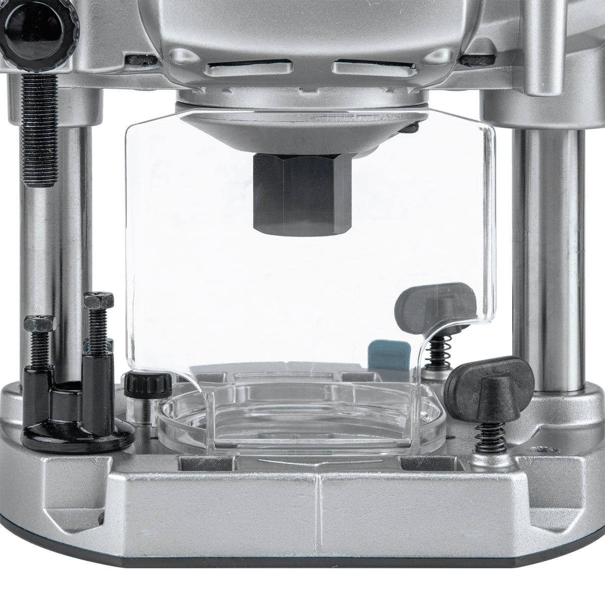 Transparent chip deflector and heavy-duty 1/2-inch collet spindle assembly on the Makita RP2301FC plunge base.