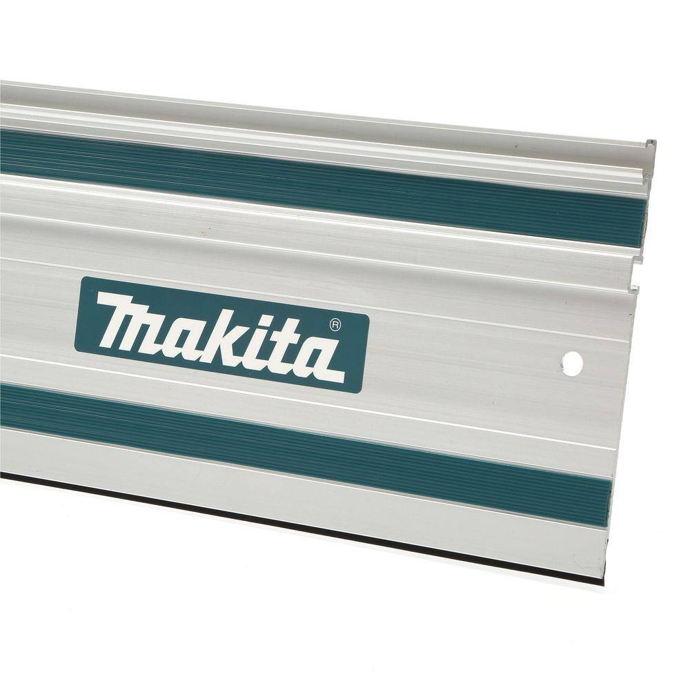 Close-up of Makita 194368-5 guide rail showing the extruded aluminum structure, low-friction glide strips, and anti-splinter rubber lip.