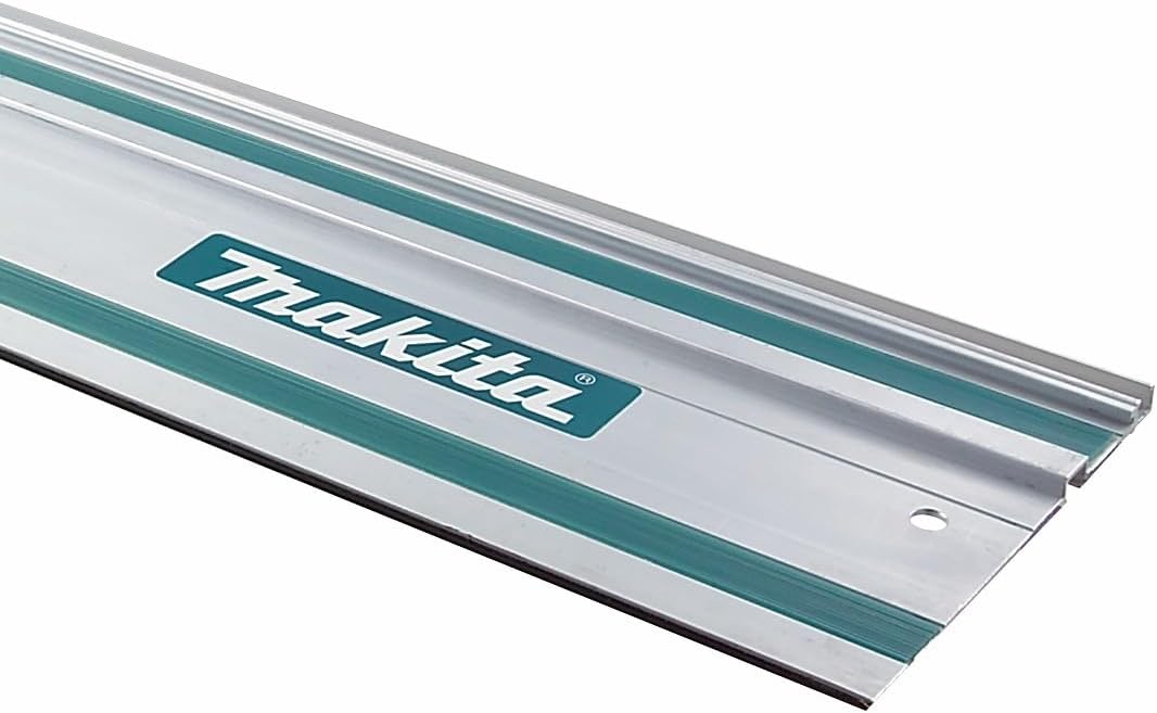 Profile view of the Makita 55-inch track saw guide rail emphasizing the anti-tip track channel and splinter guard edge strip.