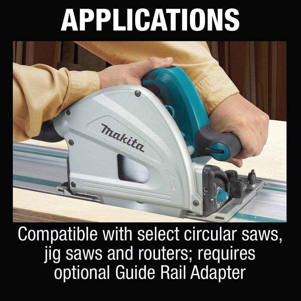 Operator guiding a plunge saw along the Makita 55-inch rail for splinter-free straight cutting, demonstrating adapter compatibility.