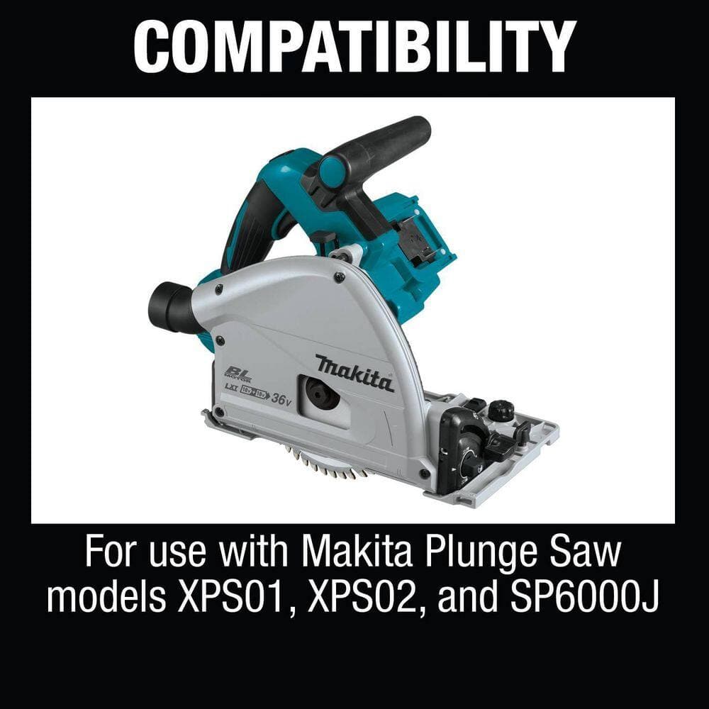 Makita track saw guide rail compatibility graphic showing direct fitment with plunge saw models XPS01, XPS02, and SP6000J.