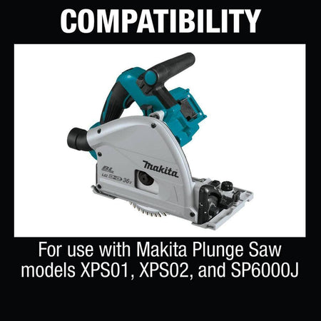 Makita track saw guide rail compatibility graphic showing direct fitment with plunge saw models XPS01, XPS02, and SP6000J.