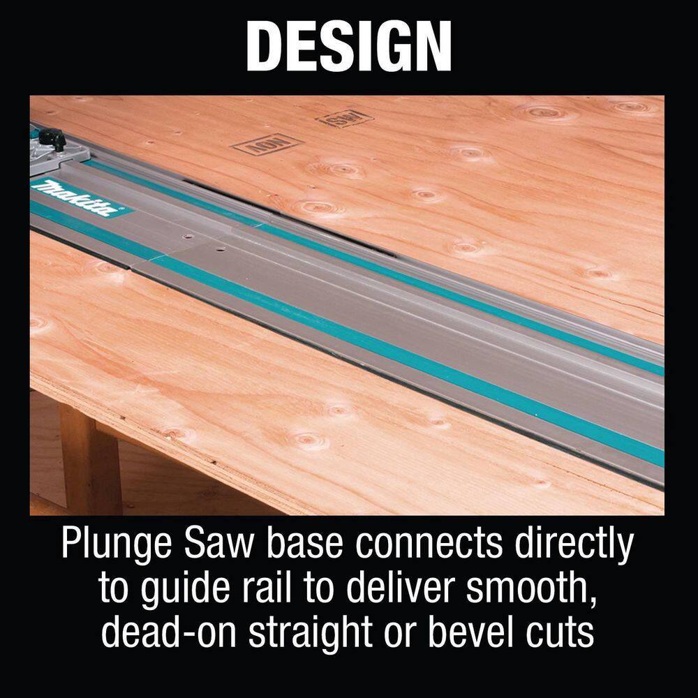 Makita 194368-5 guide rail mounted on a plywood sheet explaining how the interlock channel ensures straight or bevel cutting.