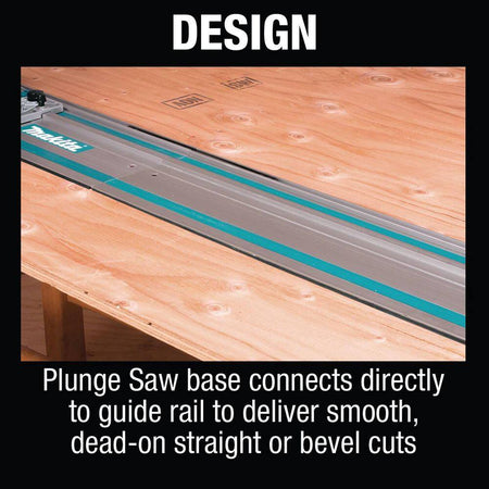Makita 194368-5 guide rail mounted on a plywood sheet explaining how the interlock channel ensures straight or bevel cutting.