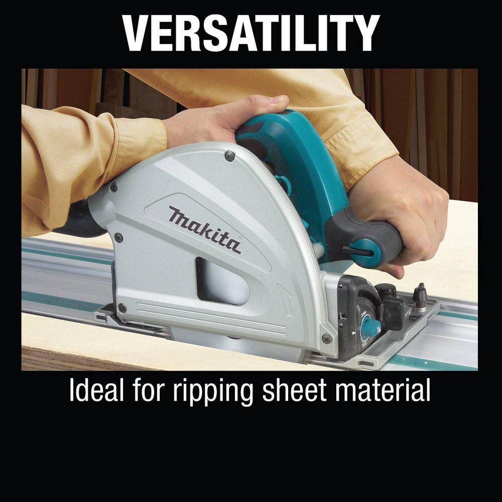 Plunge saw riding smooth glide strips on a Makita 55-inch guide rail to make clean rip cuts through cabinet-grade sheet goods.