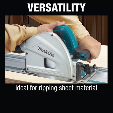 Plunge saw riding smooth glide strips on a Makita 55-inch guide rail to make clean rip cuts through cabinet-grade sheet goods.