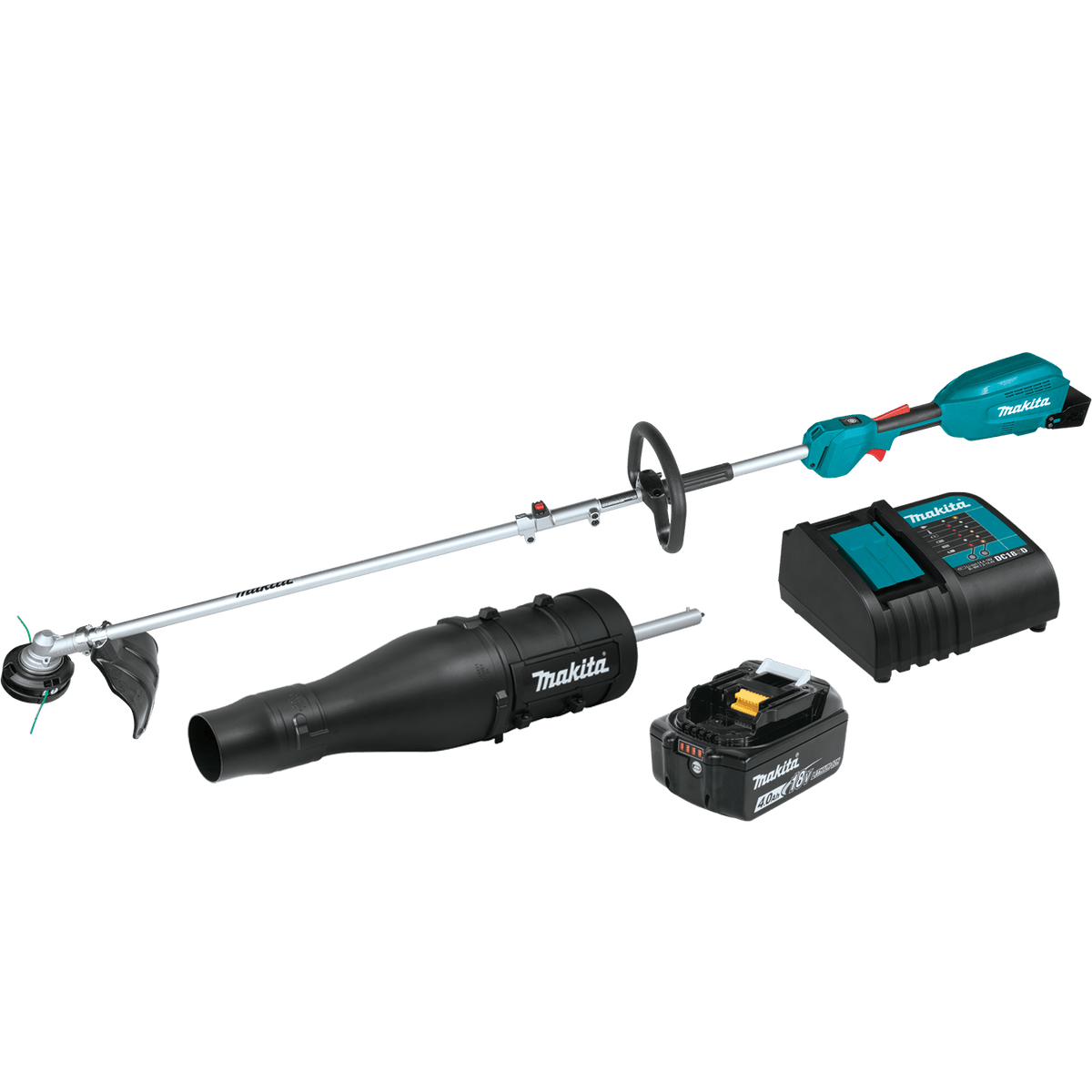 Makita XUX02SM1X3 18V LXT couple shaft kit includes a brushless power head, 13-inch string trimmer, 438 CFM blower, 4.0Ah battery, and charger.