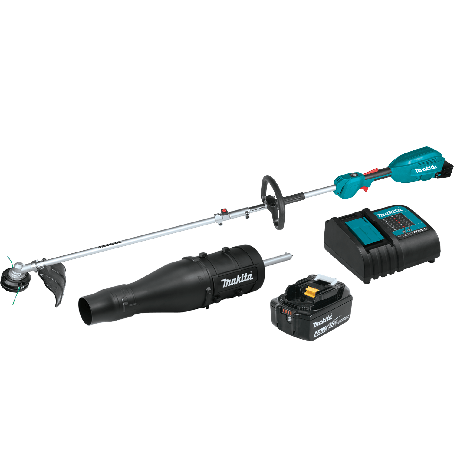 Makita XUX02SM1X3 18V LXT couple shaft kit includes a brushless power head, 13-inch string trimmer, 438 CFM blower, 4.0Ah battery, and charger.