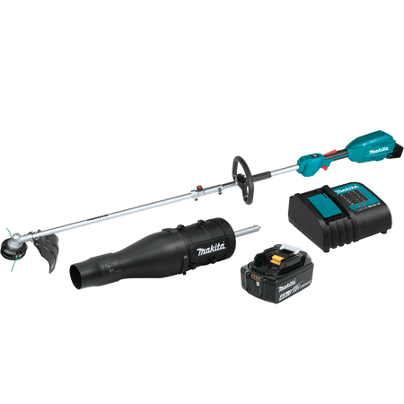 Makita XUX02SM1X3 18V LXT couple shaft kit includes a brushless power head, 13-inch string trimmer, 438 CFM blower, 4.0Ah battery, and charger.