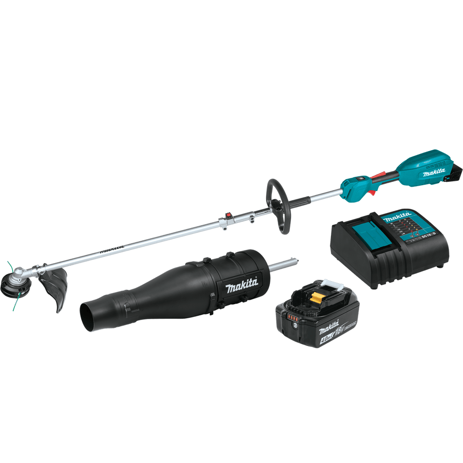 Makita XUX02SM1X3 18V LXT couple shaft kit includes a brushless power head, 13-inch string trimmer, 438 CFM blower, 4.0Ah battery, and charger.
