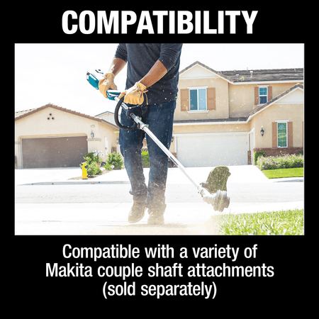 Infographic emphasizing that the Makita XUX02 18V LXT power head is compatible with various Makita couple shaft attachments.