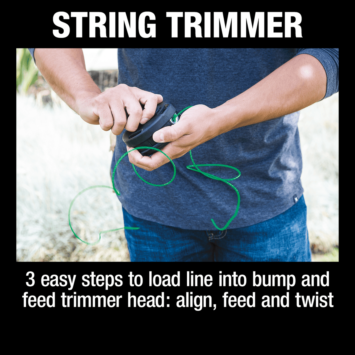Demonstration of the 3-step line loading process for the bump and feed string trimmer head: align, feed, and twist.