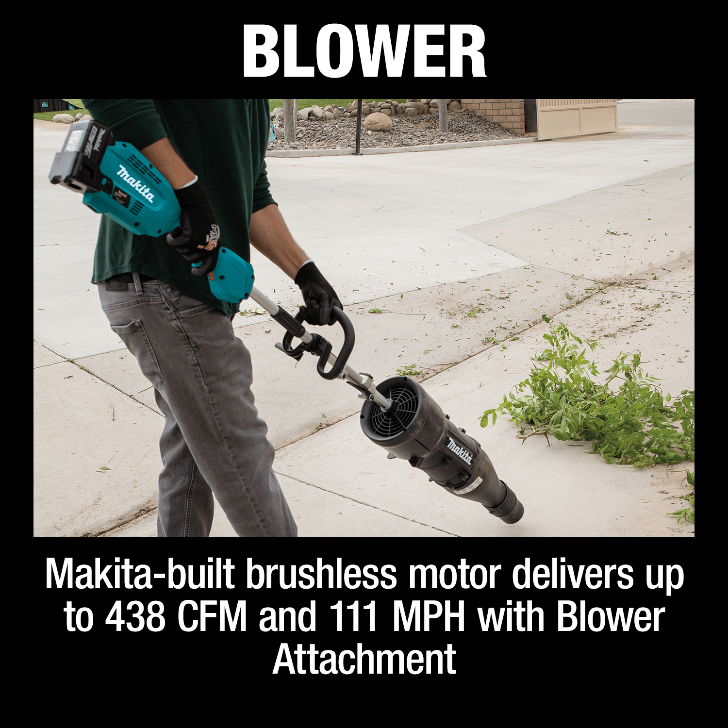 Blower feature diagram highlighting the Makita brushless motor that delivers up to 438 CFM and 111 MPH air velocity.