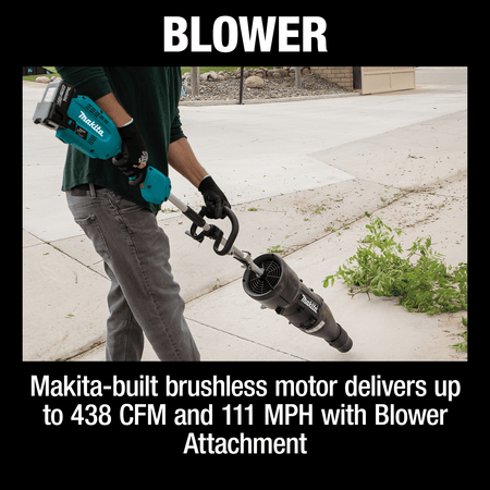 Blower feature diagram highlighting the Makita brushless motor that delivers up to 438 CFM and 111 MPH air velocity.