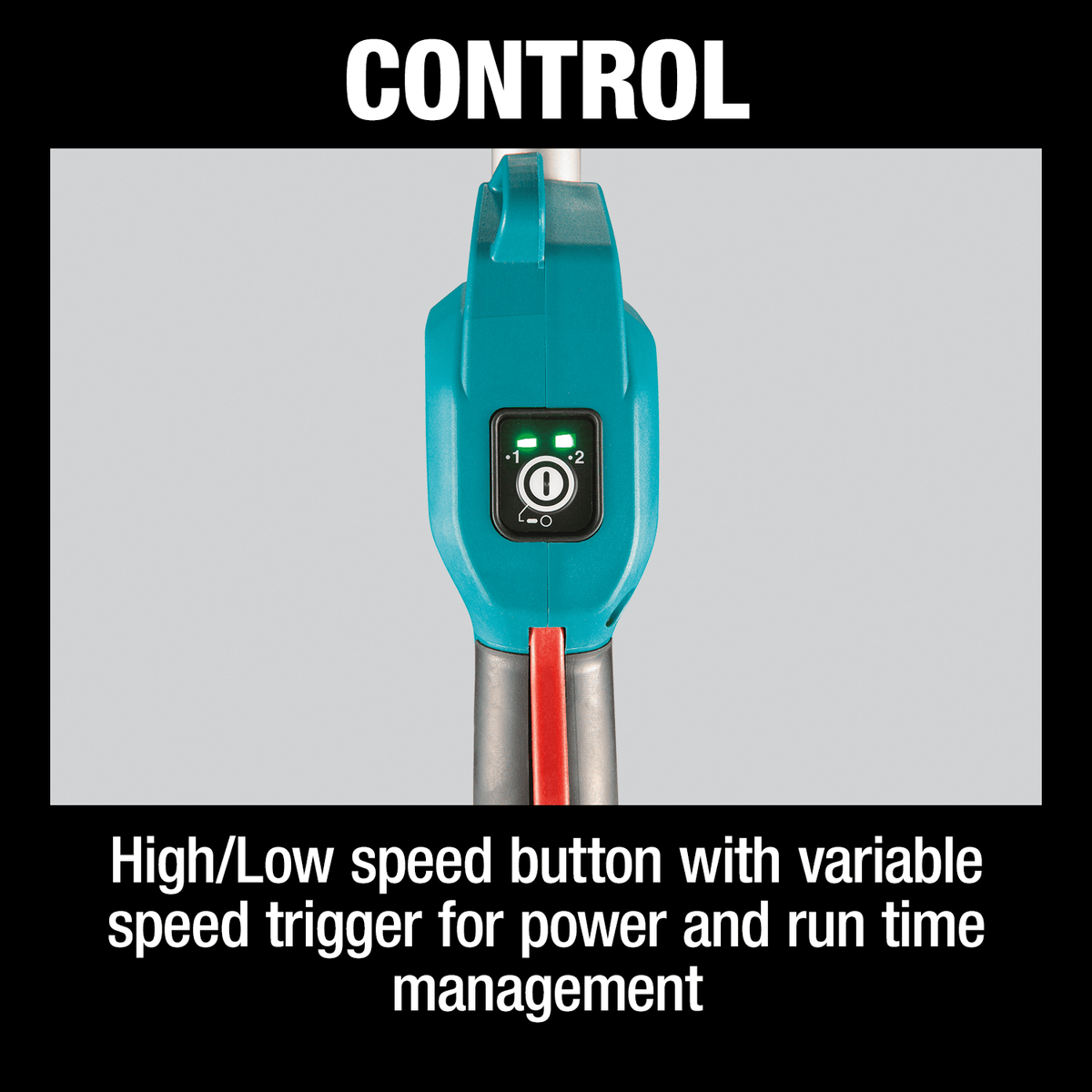 Control panel callout showing the high and low speed selector button and variable speed trigger on the Makita power head handle.