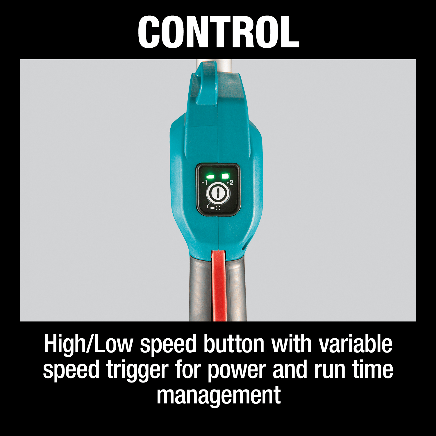 Control panel callout showing the high and low speed selector button and variable speed trigger on the Makita power head handle.