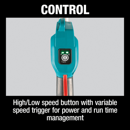 Control panel callout showing the high and low speed selector button and variable speed trigger on the Makita power head handle.