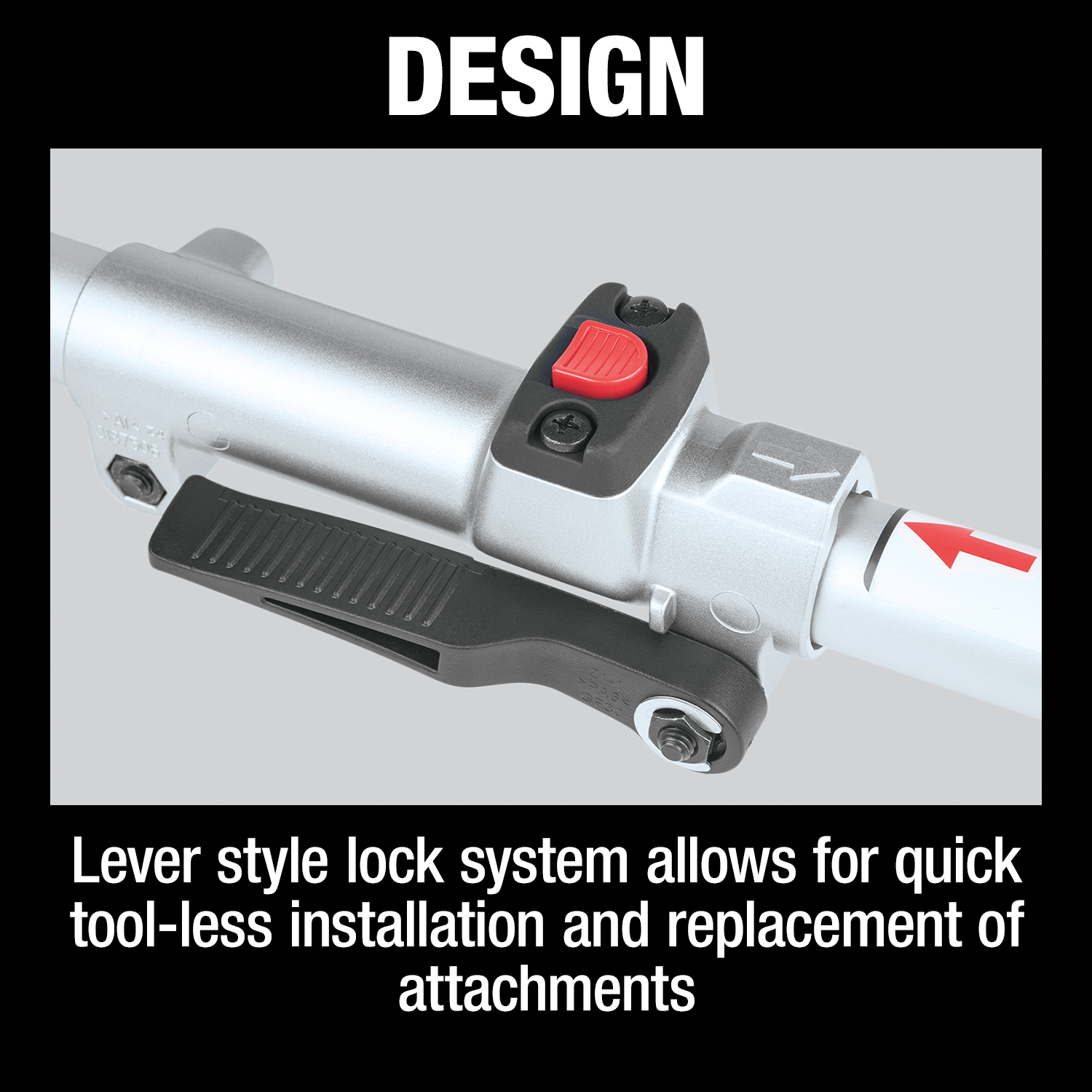 Macro view of the lever-style lock coupler mechanism for quick tool-less attachment swaps on the Makita power head.