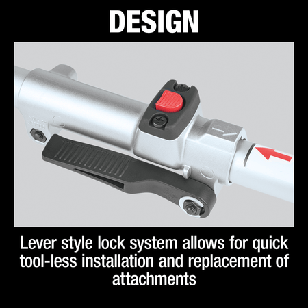Macro view of the lever-style lock coupler mechanism for quick tool-less attachment swaps on the Makita power head.