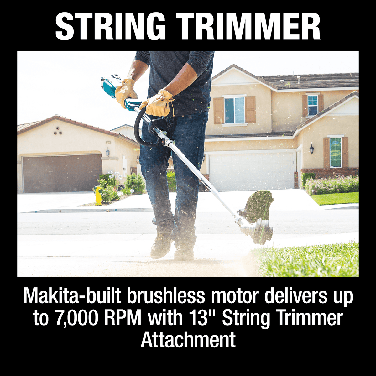 Operator using the 18V Makita string trimmer attachment with a 7,000 RPM brushless motor to edge grass along a concrete sidewalk.