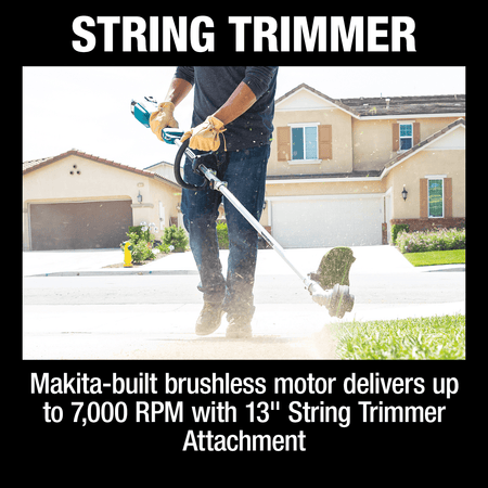 Operator using the 18V Makita string trimmer attachment with a 7,000 RPM brushless motor to edge grass along a concrete sidewalk.