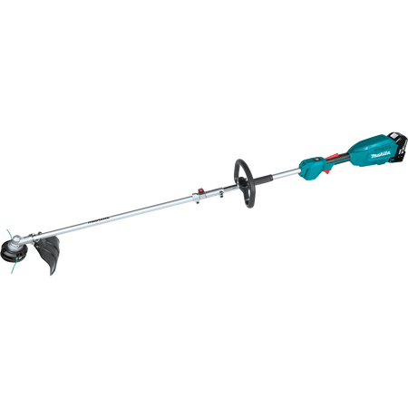 Makita XUX02 power head assembled with the 13-inch string trimmer attachment for lawn trimming and weed edging.