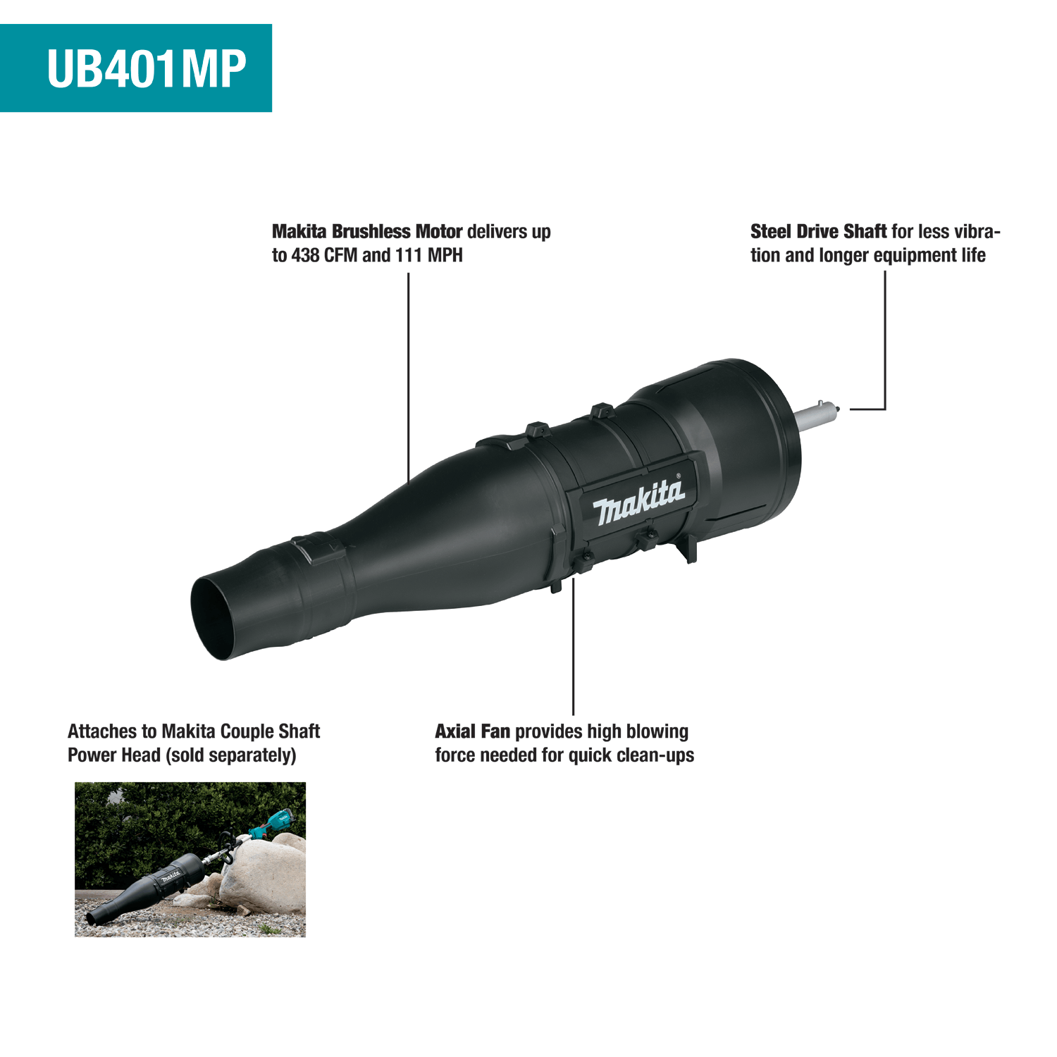 Makita UB401MP blower attachment diagram highlighting its brushless motor output, axial fan design, and durable steel drive shaft.