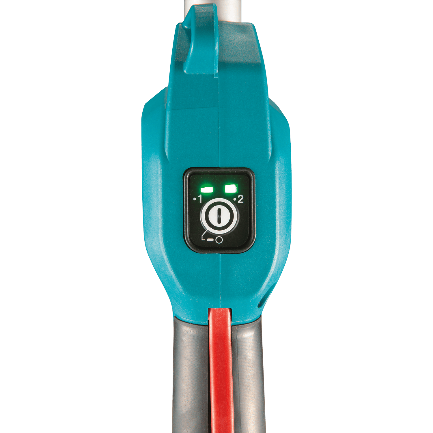 Electronic control panel on the Makita XUX02 power head displaying the power button and 2-speed level indicators for runtime management.