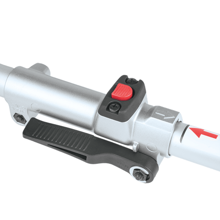 Quick-release lever style lock coupler system on the Makita power head shaft for tool-less swapping of outdoor attachments.