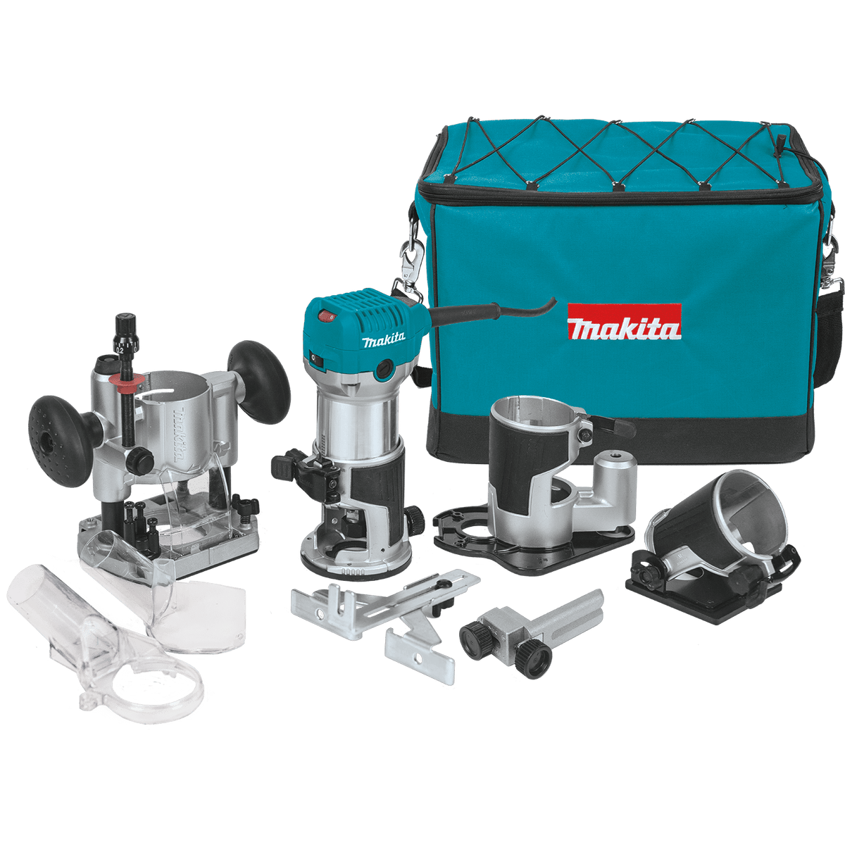 Complete Makita RT0701CX3 1-1/4 HP variable speed compact woodworking router kit, displaying the corded motor unit, fixed base, plunge base, tilt base, offset base, straight guide, dust attachments, and teal carrying bag.