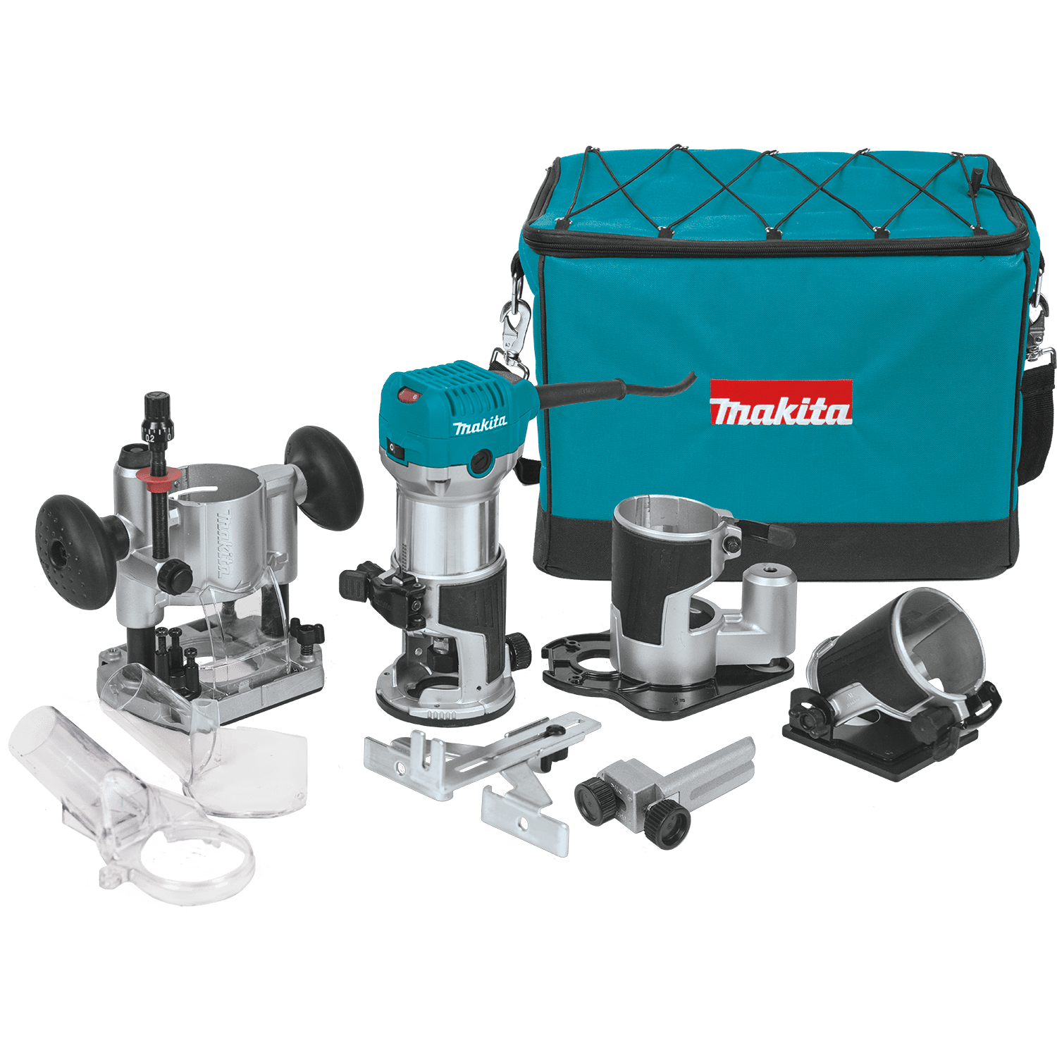Complete Makita RT0701CX3 1-1/4 HP variable speed compact woodworking router kit, displaying the corded motor unit, fixed base, plunge base, tilt base, offset base, straight guide, dust attachments, and teal carrying bag.