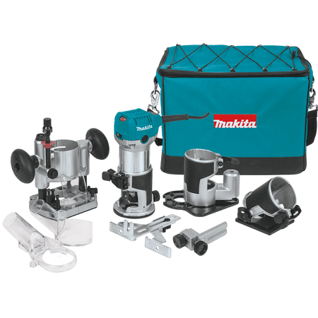 Complete Makita RT0701CX3 1-1/4 HP variable speed compact woodworking router kit, displaying the corded motor unit, fixed base, plunge base, tilt base, offset base, straight guide, dust attachments, and teal carrying bag.