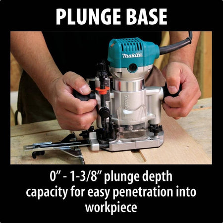 Hands operating the Makita RT0701CX3 corded router with the plunge base and straight guide attachment, demonstrating the smooth 1-3/8 inch plunge depth capacity on a flat wood workpiece.