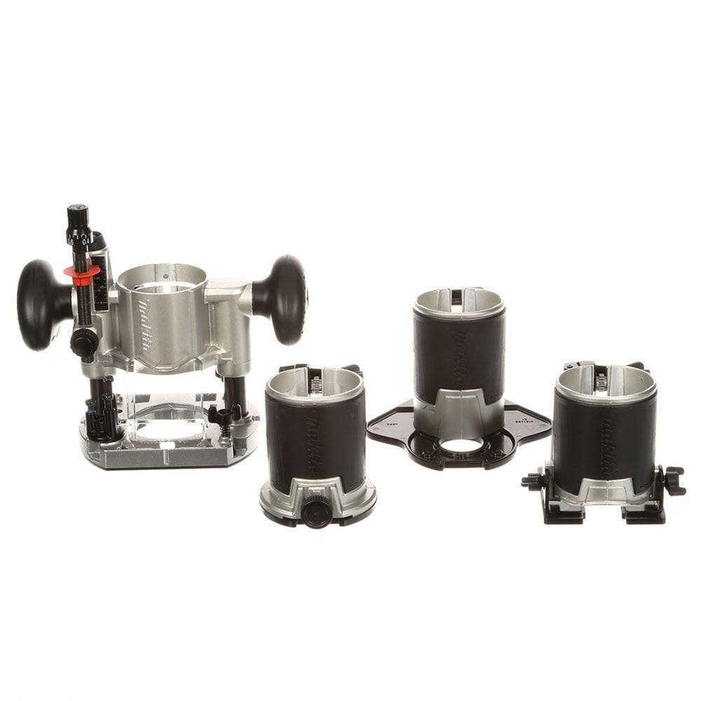 The Makita RT0701CX3 1-1/4 HP corded compact router motor equipped with the plunge base, displayed alongside the interchangeable fixed, tilt, and offset bases for versatile woodworking.