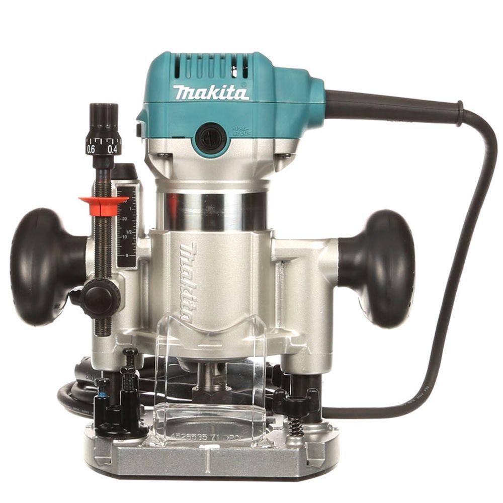 Front profile of the Makita RT0701CX3 woodworking router equipped with the plunge base, showing the easy-to-read depth scale, heavy-duty power cord, and clear plastic debris shield.