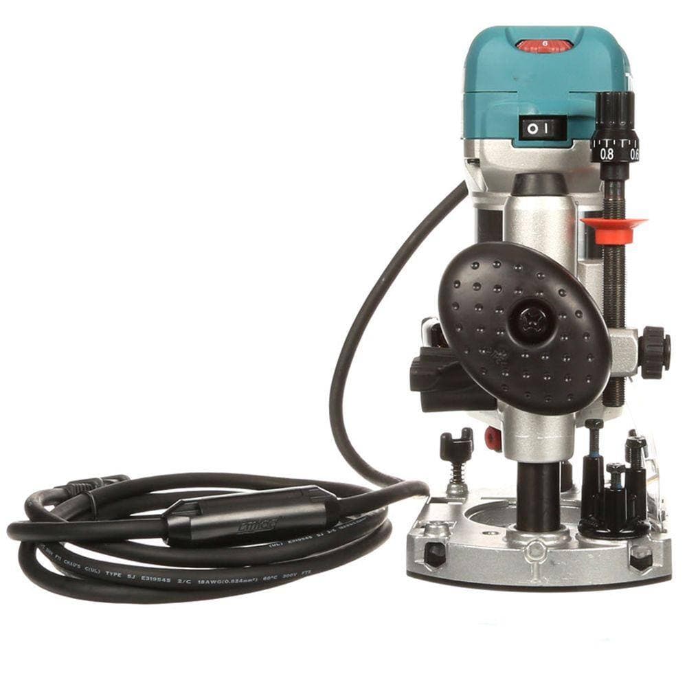 Rear view of the Makita RT0701CX3 6.5 Amp router in the plunge base, highlighting the conveniently located plunge lock lever, power switch, and red variable speed control dial.