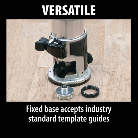 Close-up of the Makita compact router's fixed base alongside two metal template guides, demonstrating its versatile compatibility with industry standard woodworking templates.