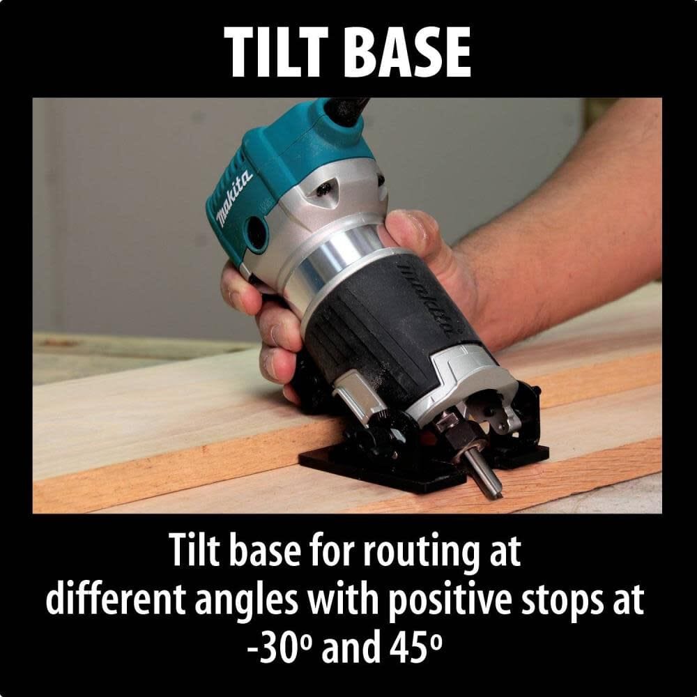 A woodworker utilizing the Makita RT0701CX3 tilt base attachment to precisely route an angled edge on a wooden board, highlighting the tool's adjustable tilt capacity for custom profiles.