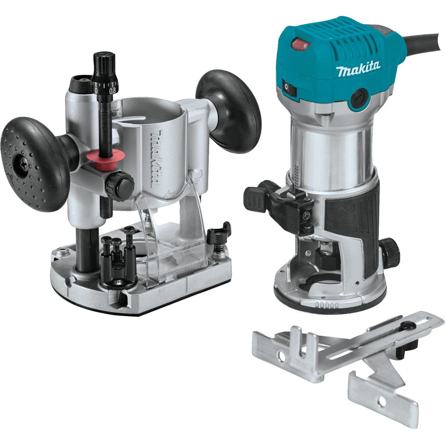 Complete Makita RT0701CX7 variable speed compact woodworking router kit featuring the 1-1/4 HP motor, plunge base, fixed base, and straight guide.