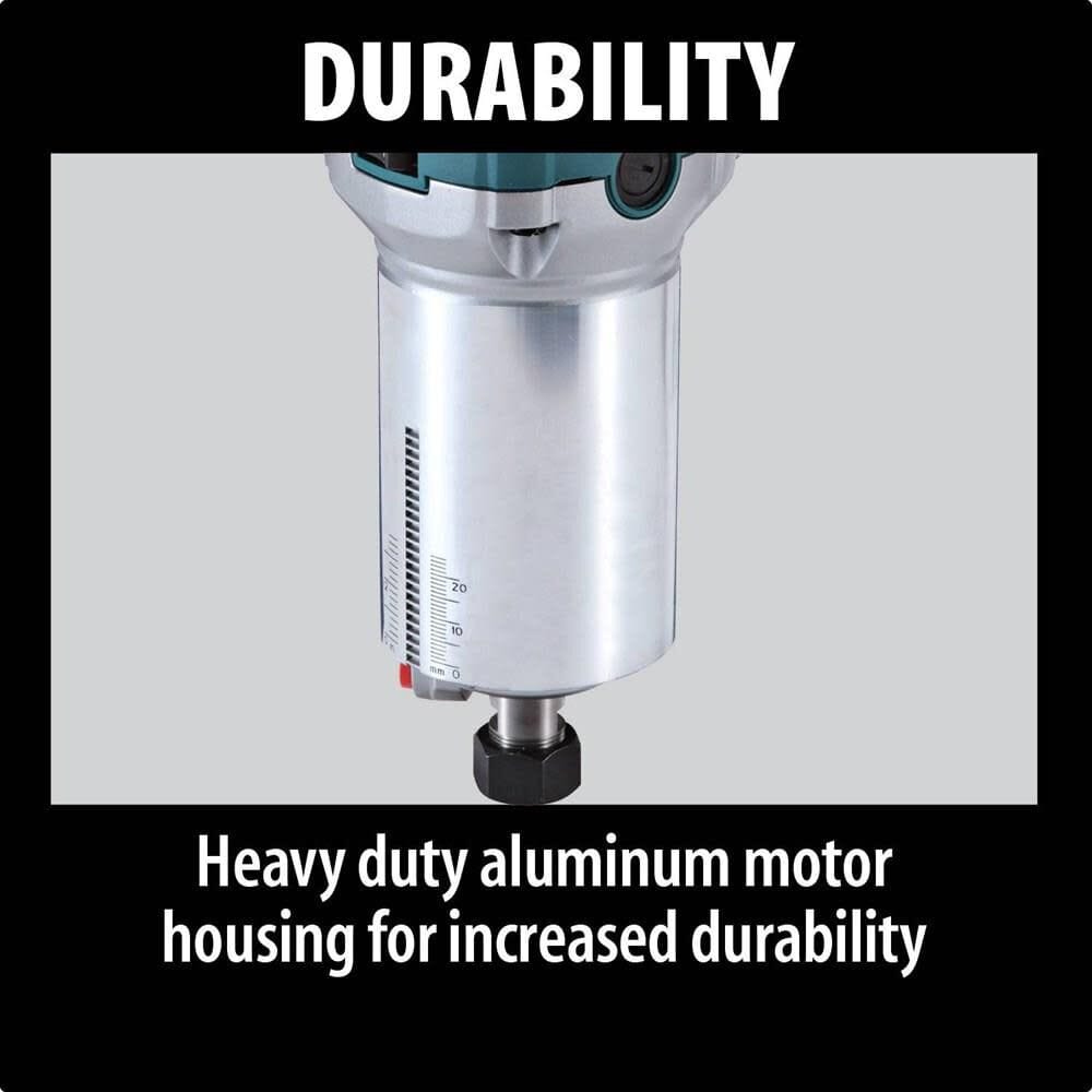 Close-up of the heavy-duty aluminum motor housing and 1/4 inch collet on the Makita compact router, engineered for increased jobsite durability.