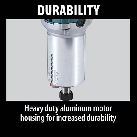 Close-up of the heavy-duty aluminum motor housing and 1/4 inch collet on the Makita compact router, engineered for increased jobsite durability.