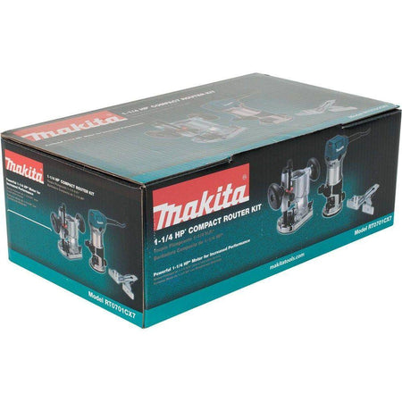Exterior retail cardboard box packaging for the Makita RT0701CX7 1-1/4 HP Compact Router Kit, displaying the included plunge base, fixed base, and accessories.