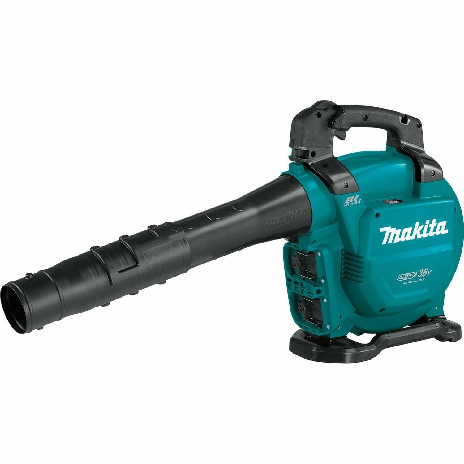 Angled view of the Makita XBU04Z 36V brushless blower (bare tool), teal and black, shown with the telescoping nozzle fully attached, ready for use.