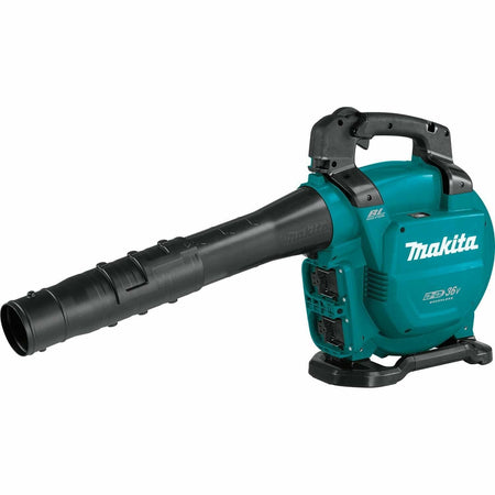 Angled view of the Makita XBU04Z 36V brushless blower (bare tool), teal and black, shown with the telescoping nozzle fully attached, ready for use.
