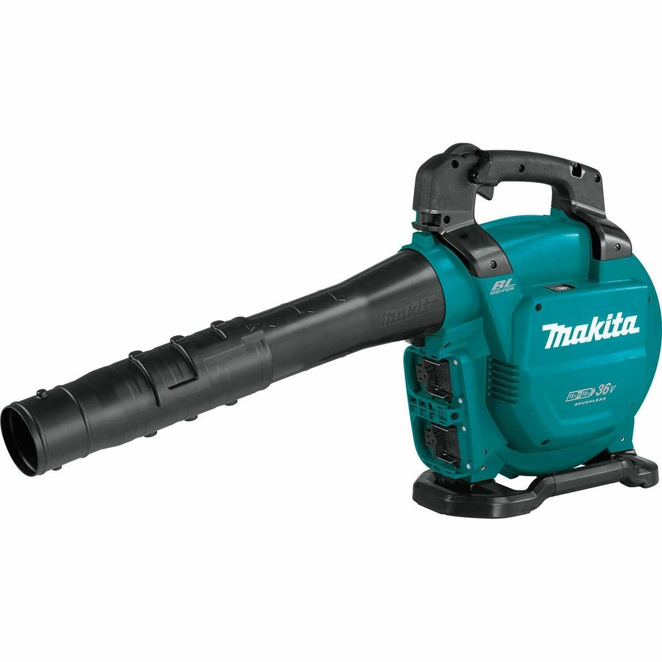 Angled view of the Makita XBU04Z 36V brushless blower (bare tool), teal and black, shown with the telescoping nozzle fully attached, ready for use.