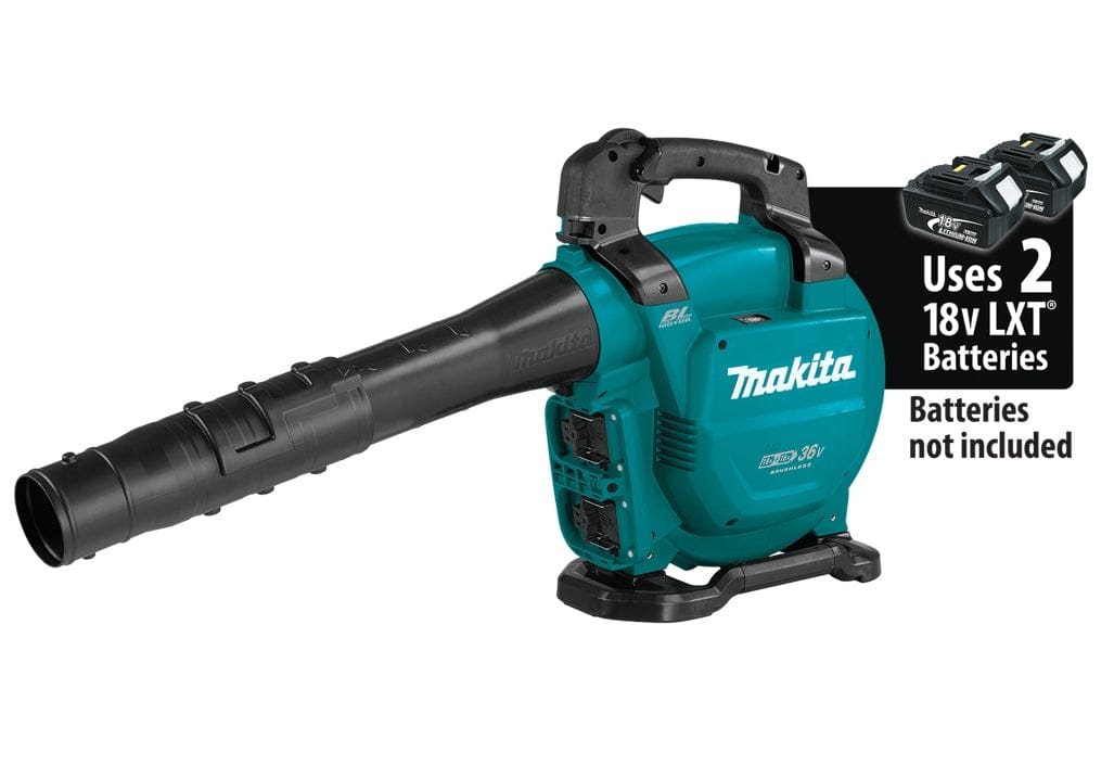 Product image of the Makita XBU04Z cordless blower with text overlay indicating it uses two 18V LXT batteries and highlighting the telescoping nozzle feature.