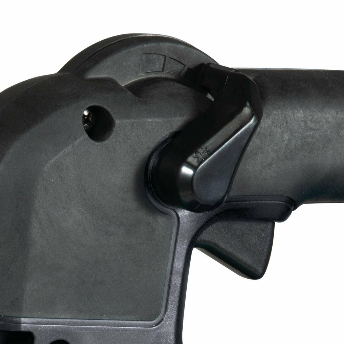 Close-up of the Makita blower's handle, focusing on the black cruise control lever and the variable speed trigger.